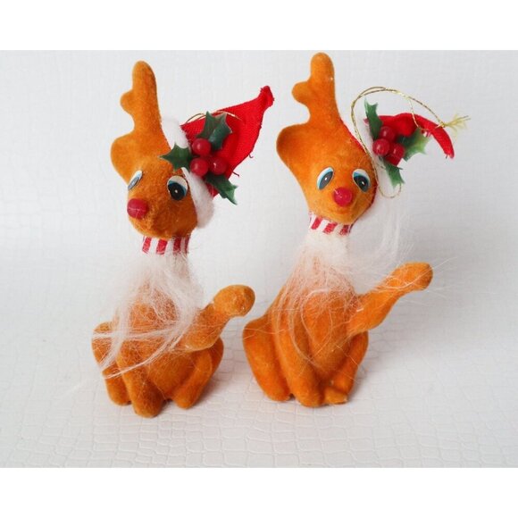 5 Vintage Flocked Christmas Tree Ornaments Deer Bird House With White Dove & Bea - Picture 2 of 7